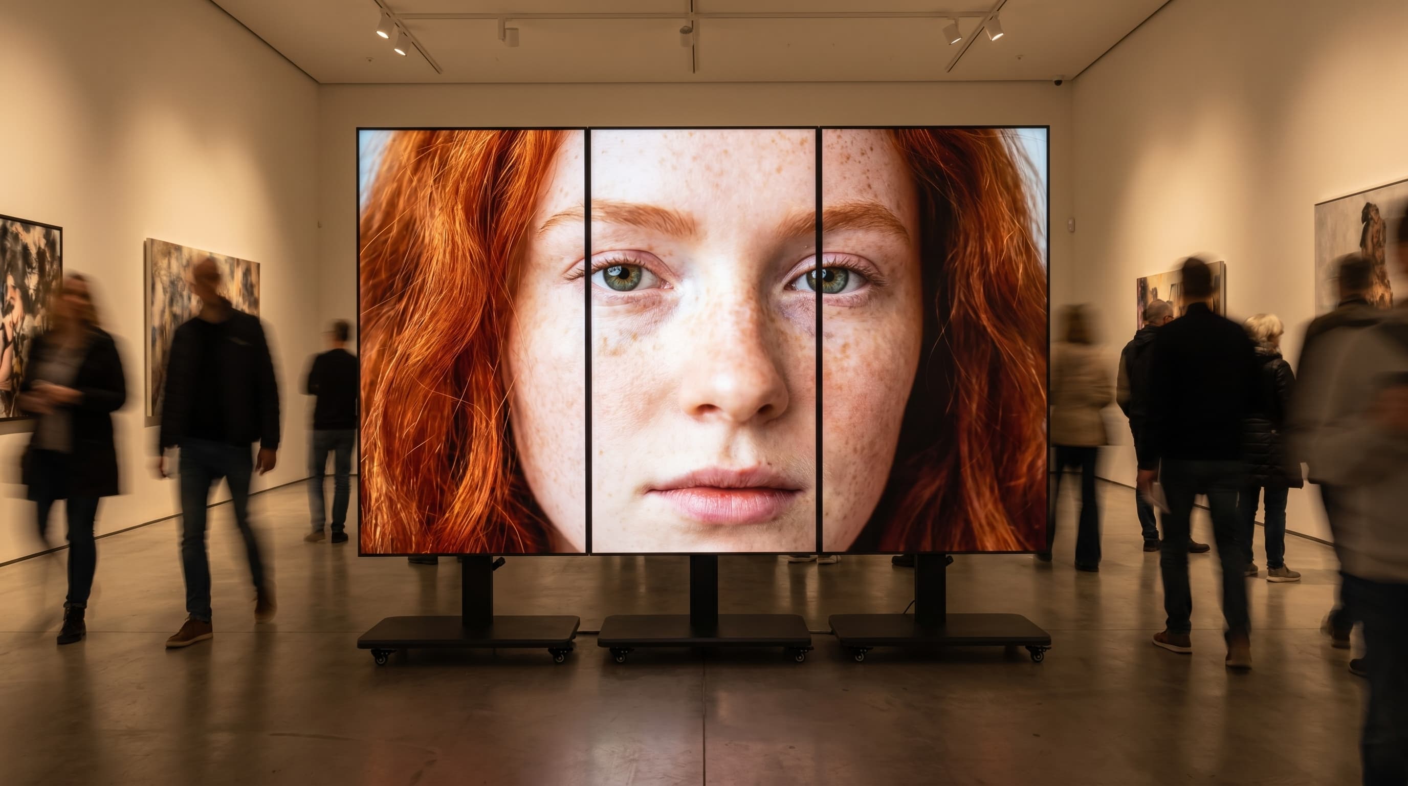 Trīs VACANT digitālie ekrāni kopā veido vienu attēlu galerijā